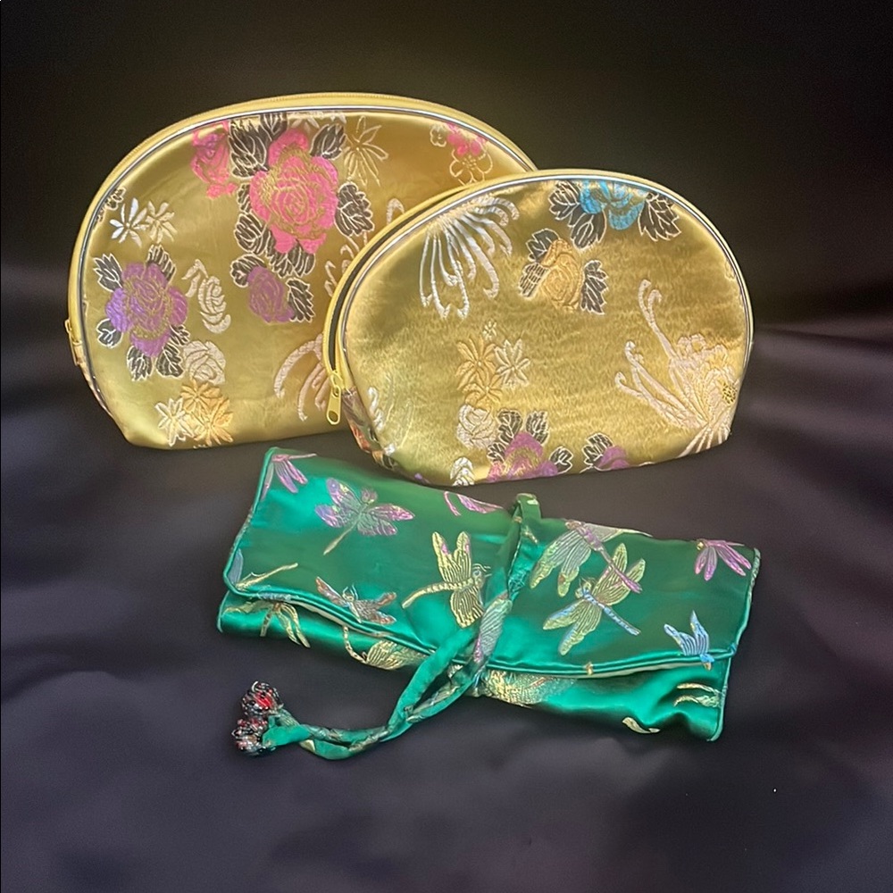 Embroidered Gold and Green Bag Set floral dragonfly